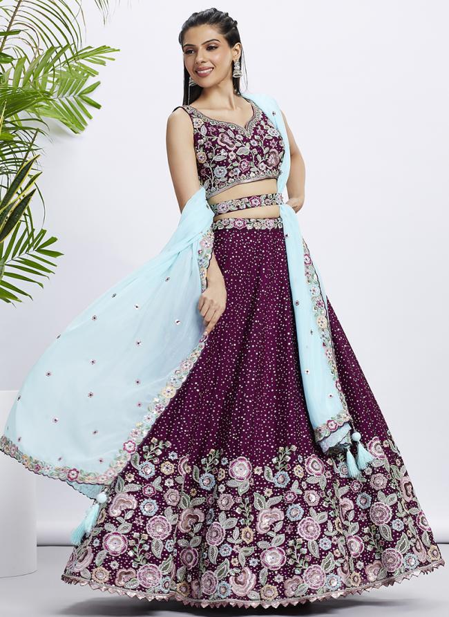 Pure Chiffon Burgandy Party Wear Sequins Work Lehenga Choli